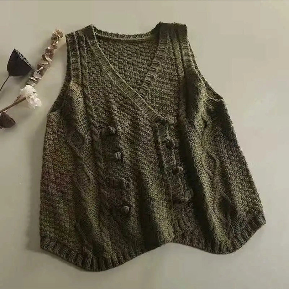 Retro Rustic Cable Knit Button Vest green One Size Shoptery