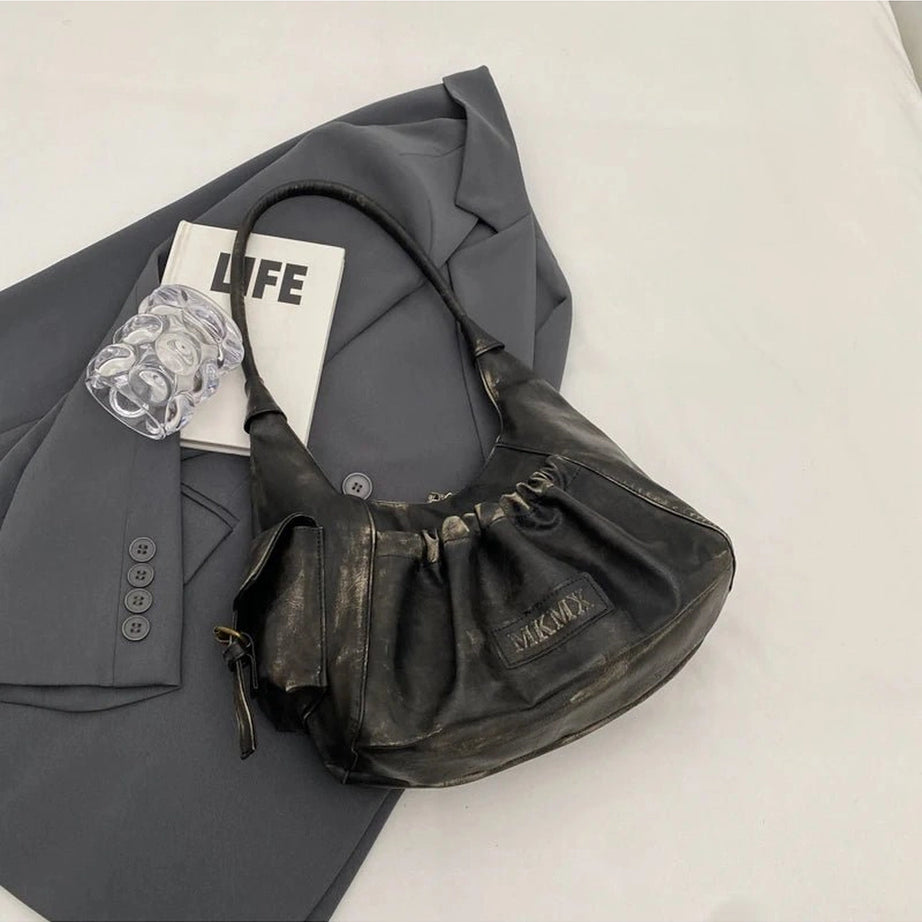 Y2k Rustic Ruched Shoulder Bag black 30cmx18cmx12cm Shoptery