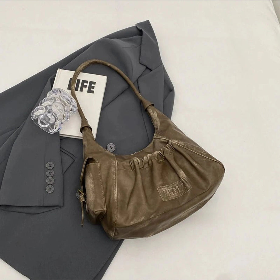 Y2k Rustic Ruched Shoulder Bag Khaki 30cmx18cmx12cm Shoptery