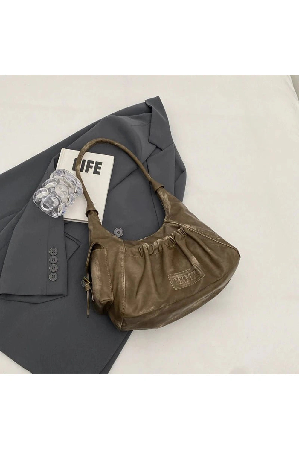 Y2k Rustic Ruched Shoulder Bag Khaki 30cmx18cmx12cm Shoptery