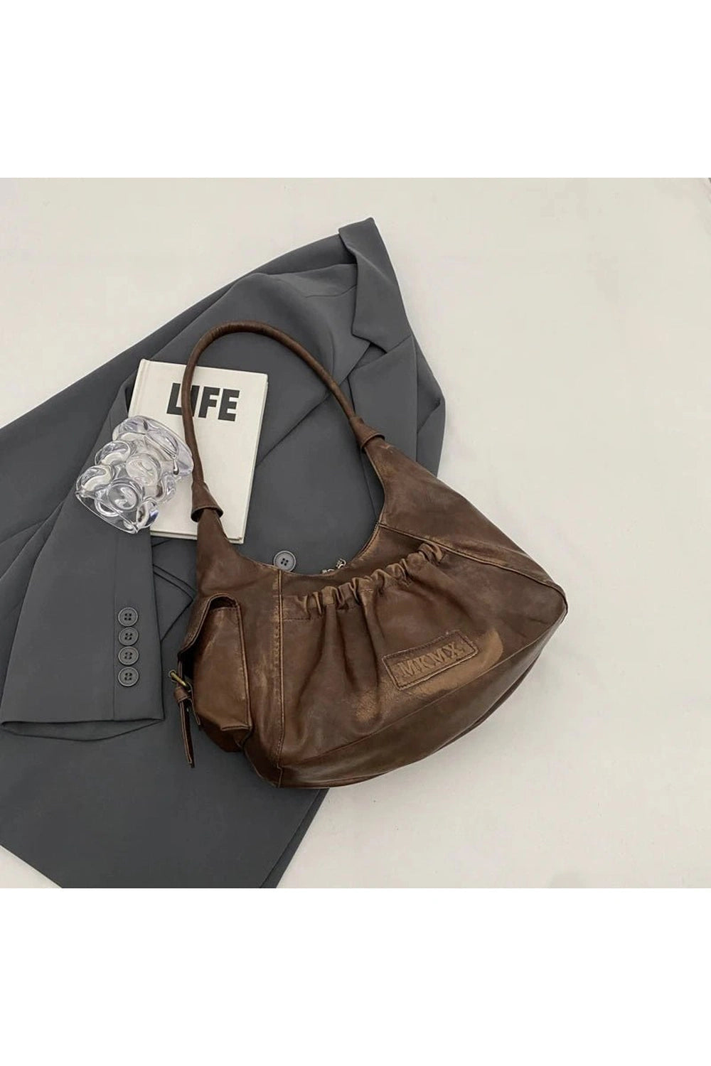 Y2k Rustic Ruched Shoulder Bag Coffee 30cmx18cmx12cm Shoptery