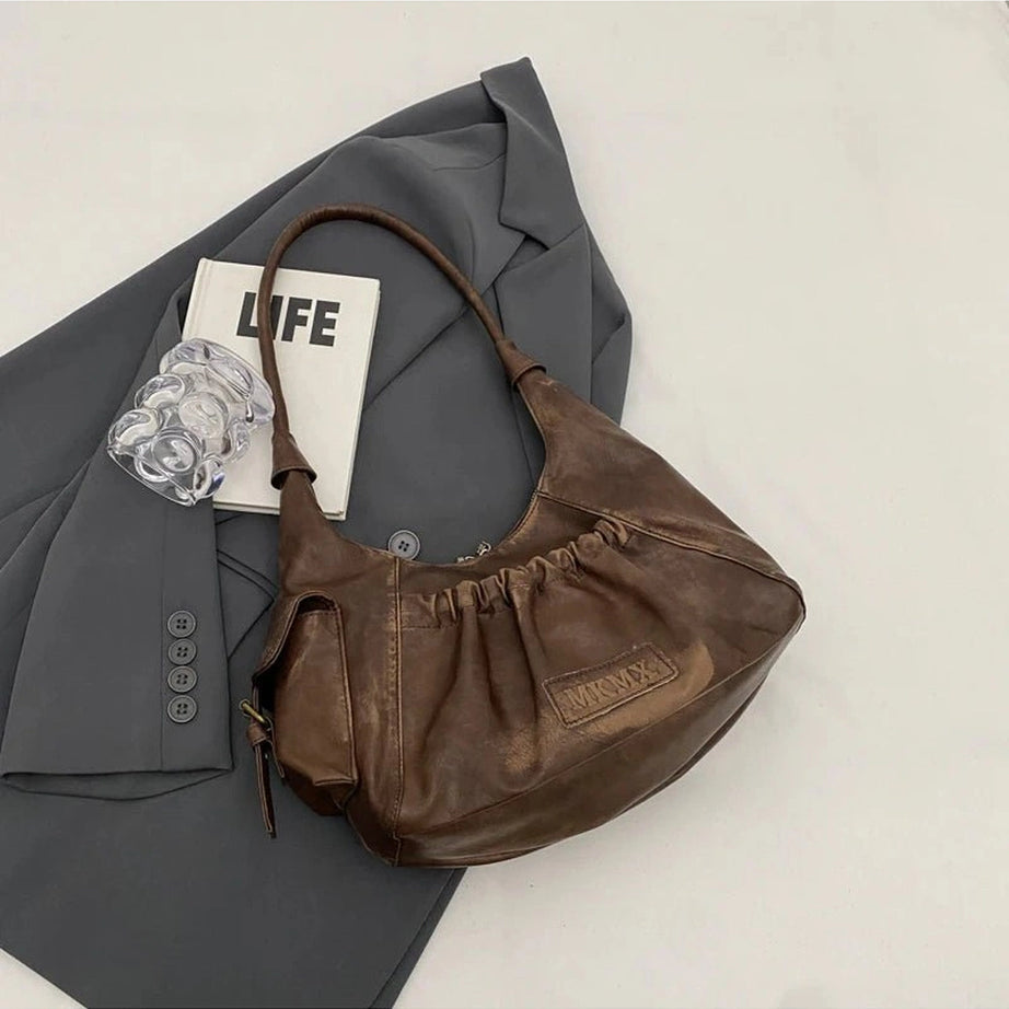 Y2k Rustic Ruched Shoulder Bag Coffee 30cmx18cmx12cm Shoptery