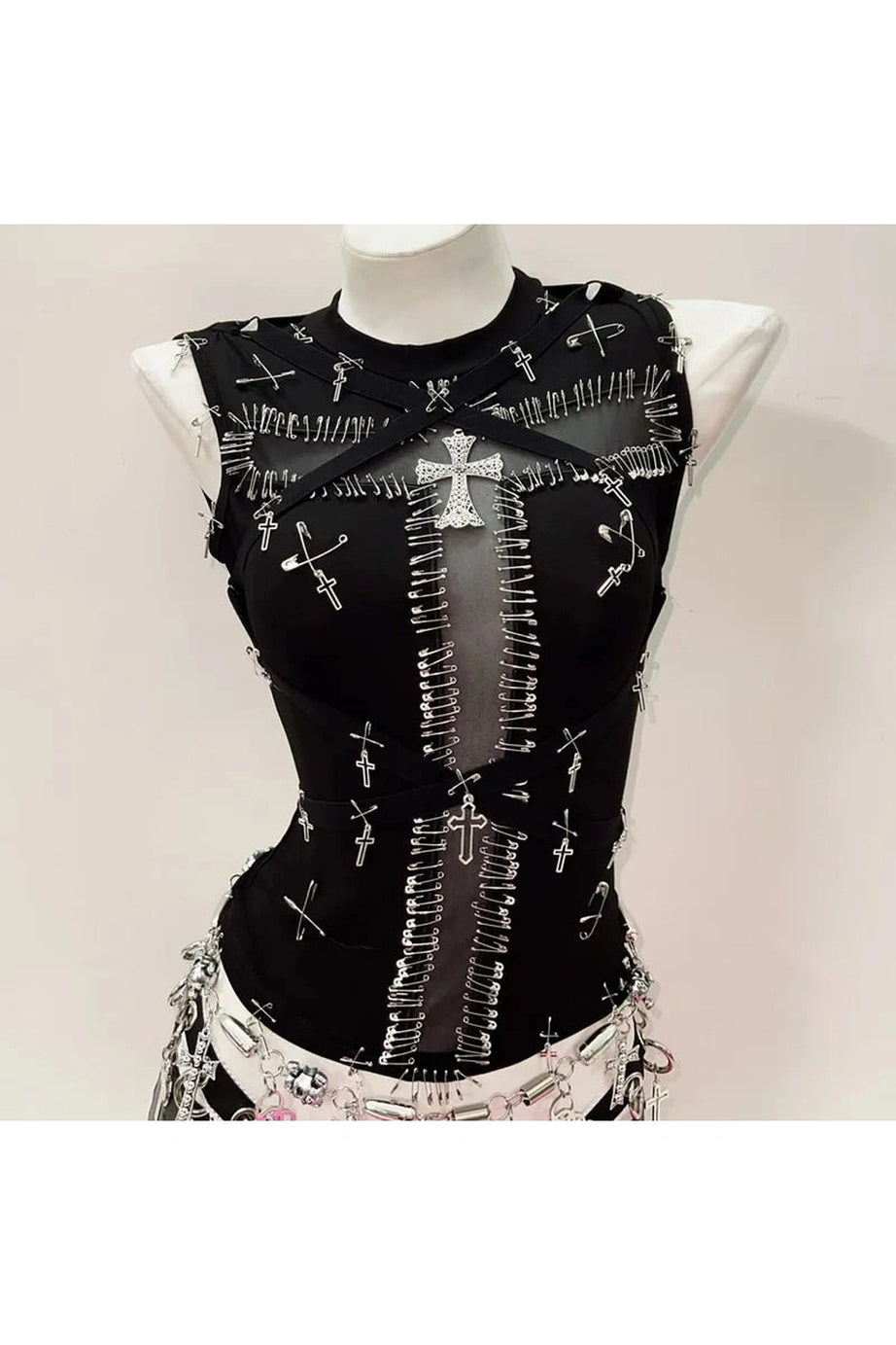 Safety Pin Cross Punk Top - Shirts & Tops