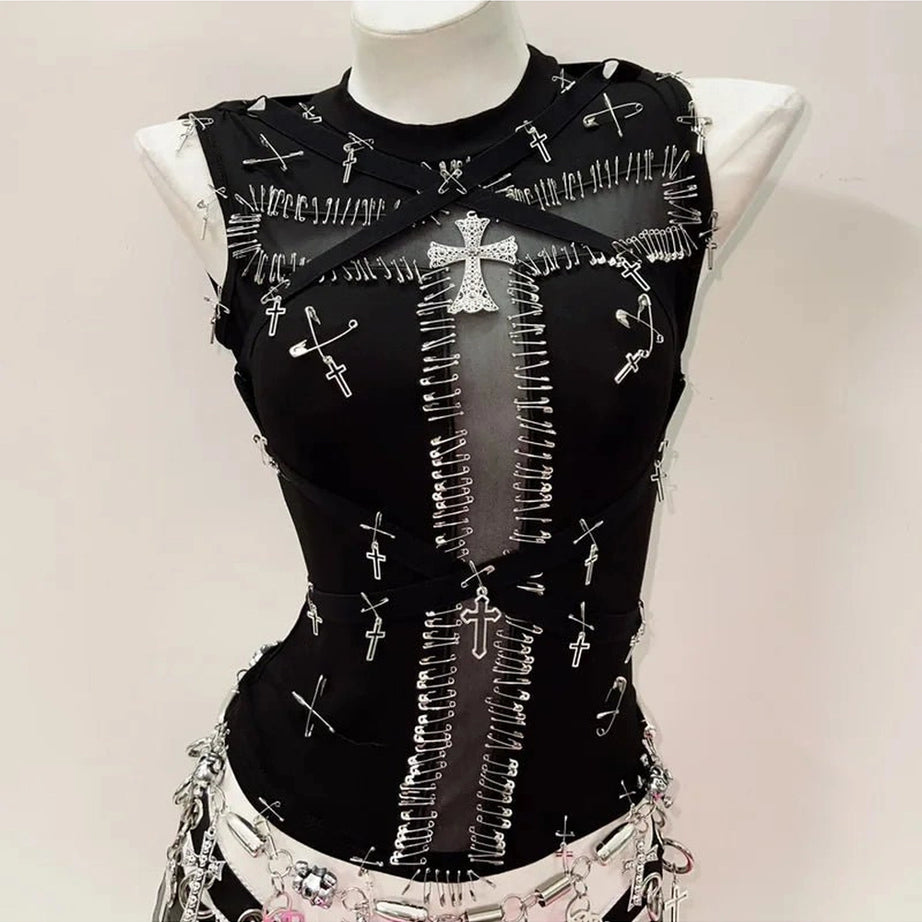 Safety Pin Cross Alt Punk Top As shown Shoptery