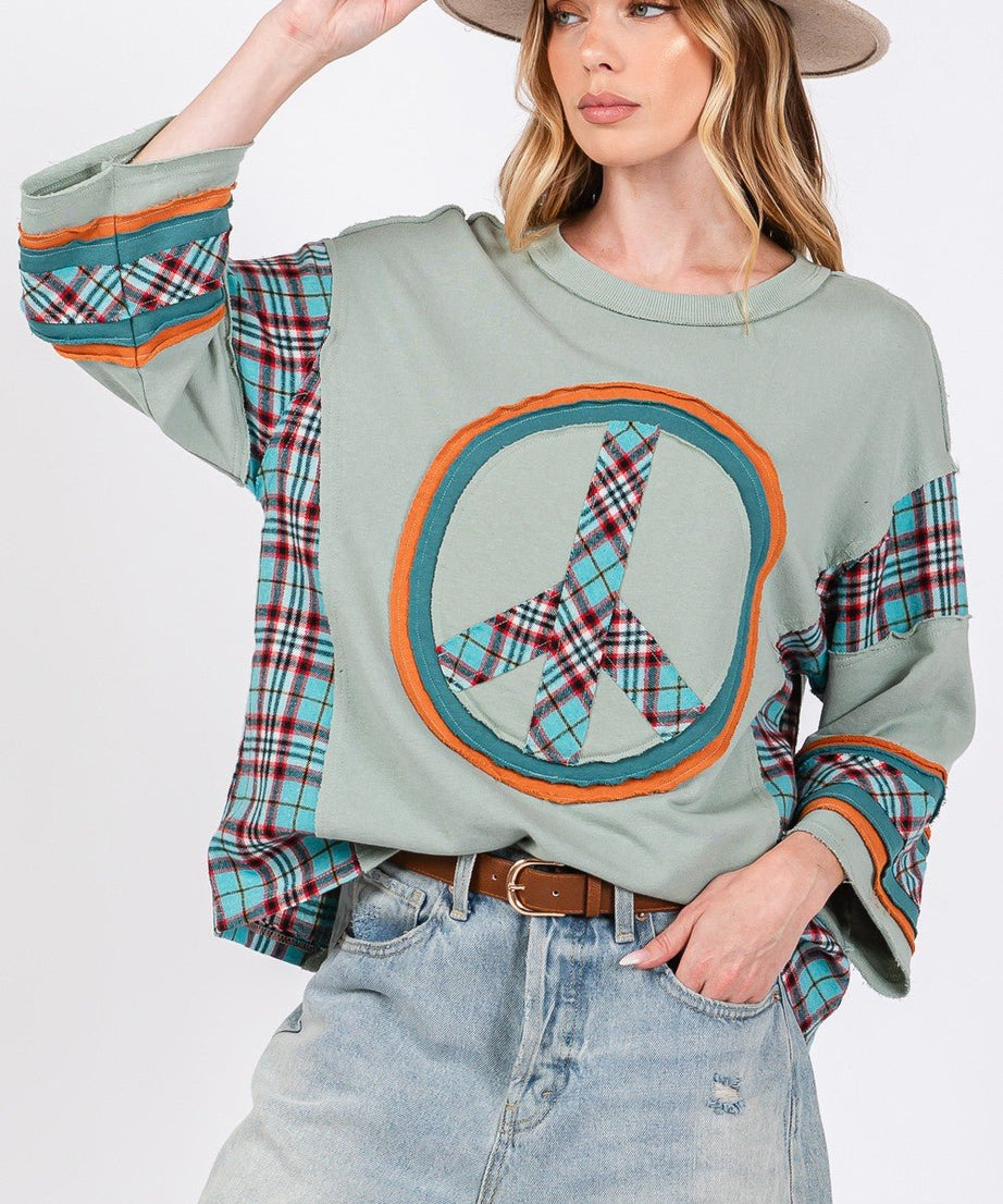 SAGE + FIG Peace Applique Patch Contrast Plaid Top - test