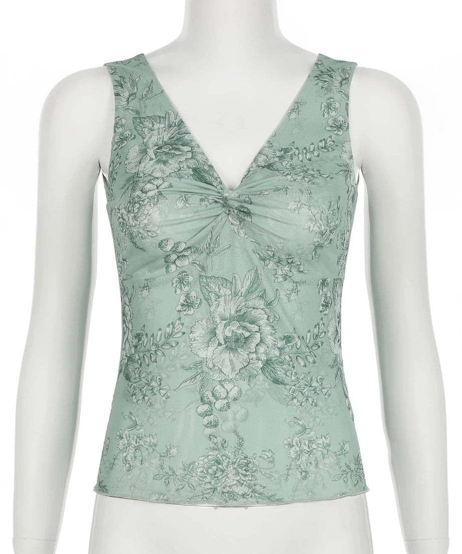 Sage Green Floral V - Neck Top - Shirts & Tops