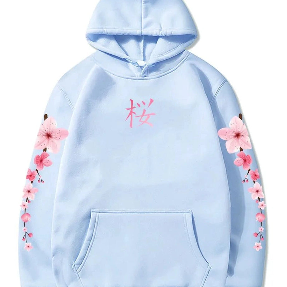 Pastel Aesthetic Sakura Graphic Hoodie light-blue Shoptery