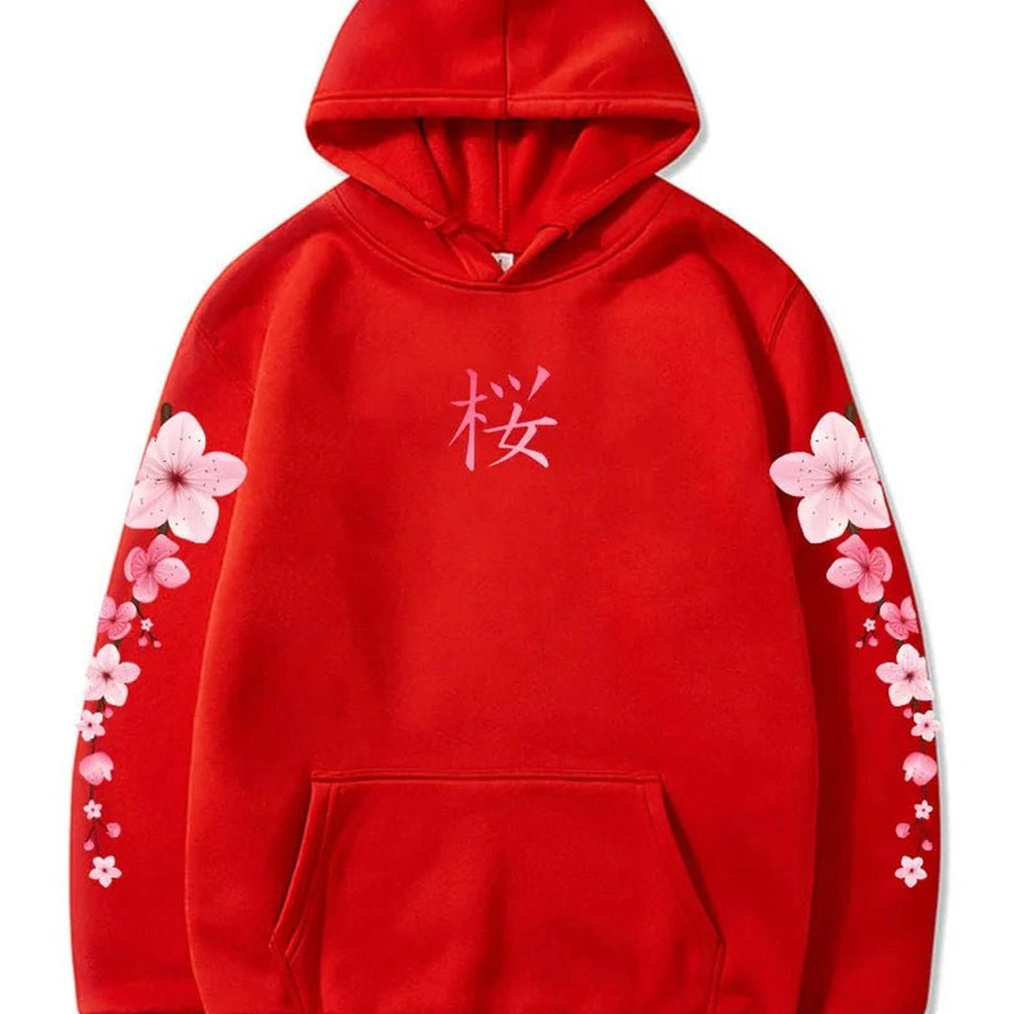 Pastel Aesthetic Sakura Graphic Hoodie red Shoptery