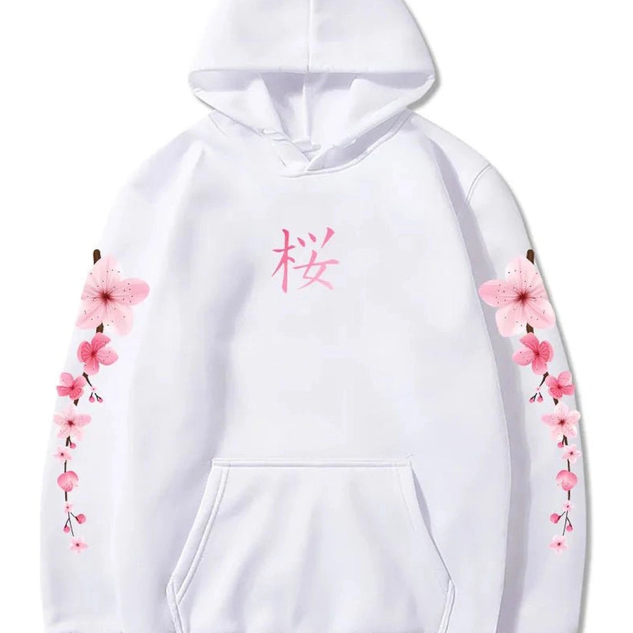 Pastel Aesthetic Sakura Graphic Hoodie white Shoptery