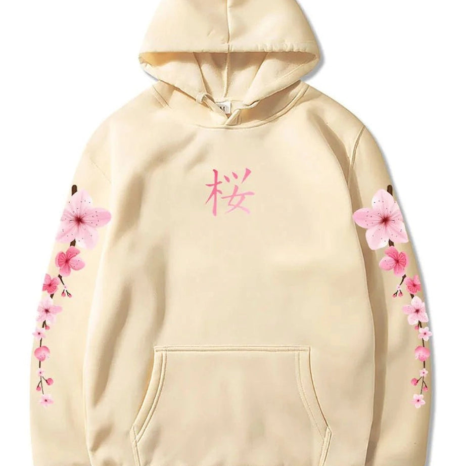Pastel Aesthetic Sakura Graphic Hoodie khaki Shoptery