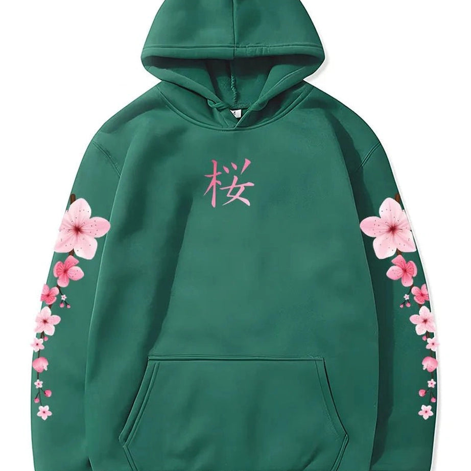 Pastel Aesthetic Sakura Graphic Hoodie dark-green Shoptery