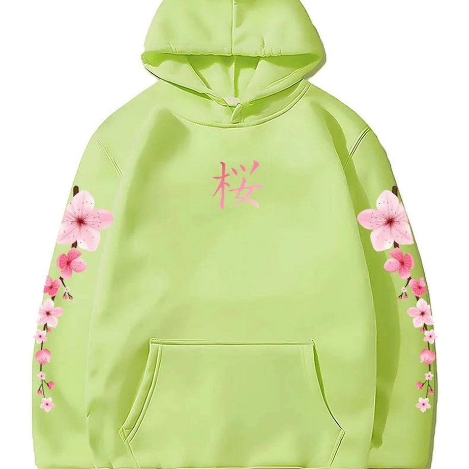 Pastel Aesthetic Sakura Graphic Hoodie light-green Shoptery