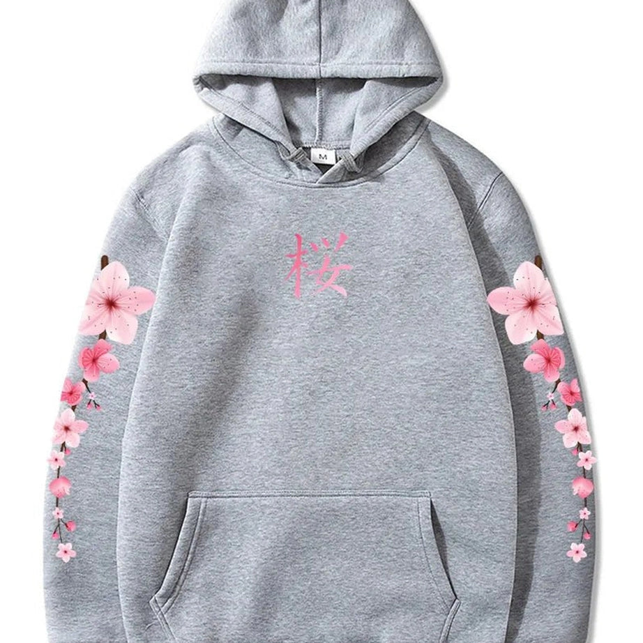 Pastel Aesthetic Sakura Graphic Hoodie gray Shoptery
