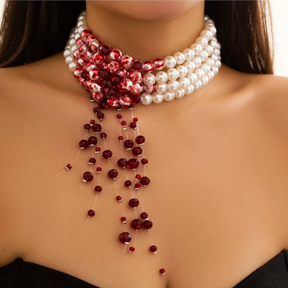 Alt Scarlet Pearl Choker Necklace Red Color Shoptery
