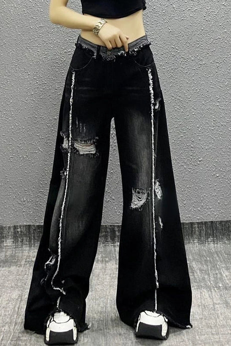 Shadow Stitch Distressed Wide - Leg Jeans - Jeans