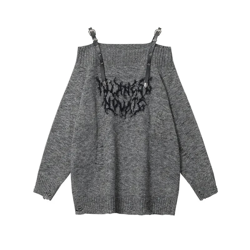 Shadow Straps Edgy Off-Shoulder Sweater GRAY Shoptery