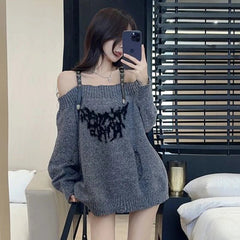 Shadow Straps Edgy Off-Shoulder Sweater Shoptery