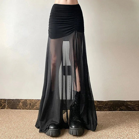 Shadow Veil Sheer Alt Goth Maxi Skirt black Shoptery