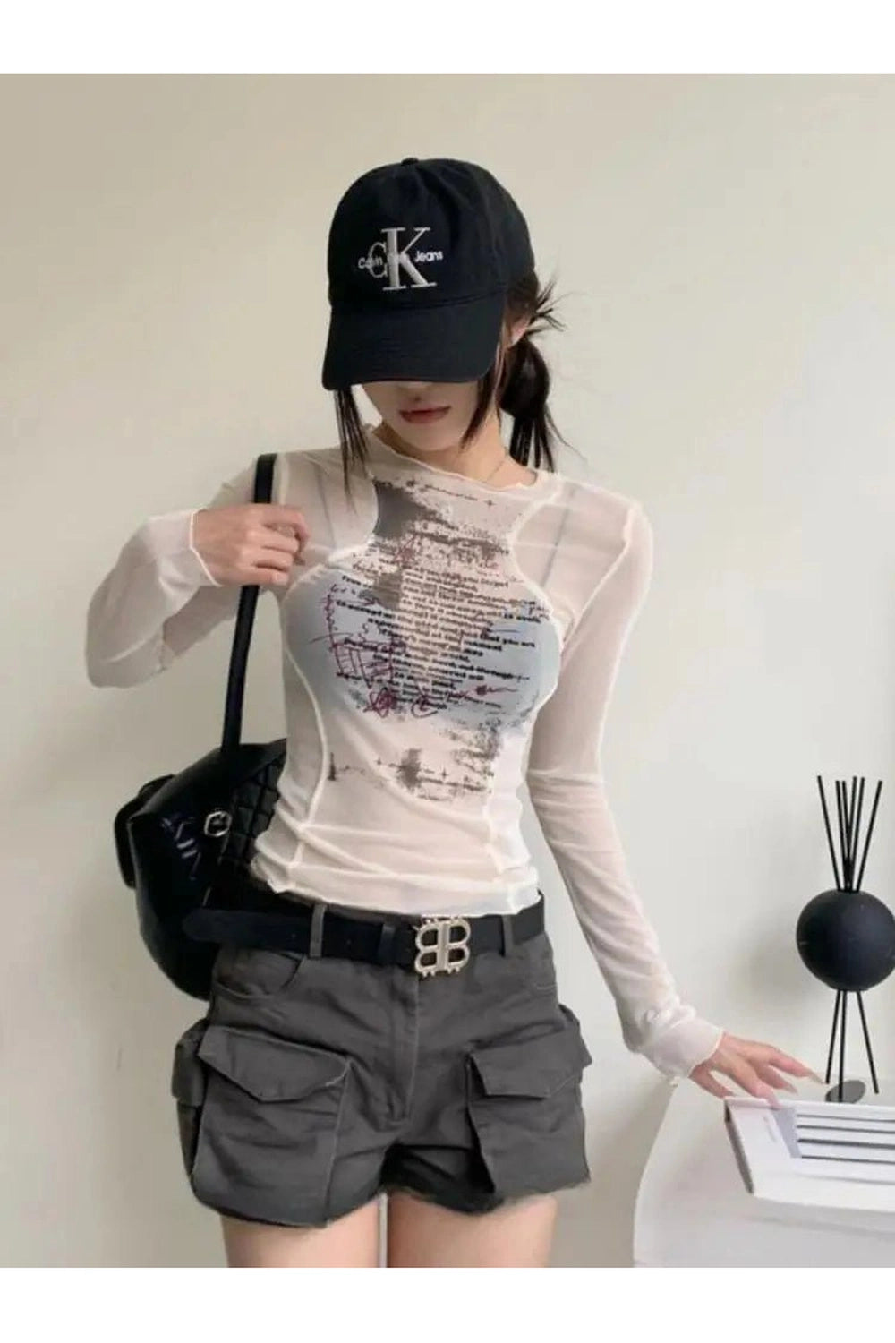 Y2k Sheer Black Text Graphic Mesh Long Sleeve Top Shoptery