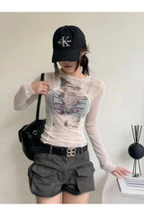 Y2k Sheer Black Text Graphic Mesh Long Sleeve Top Shoptery