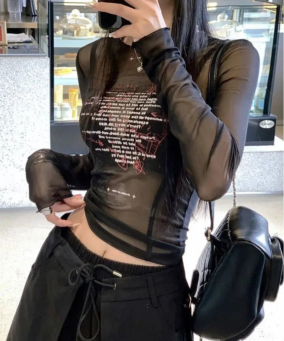 Sheer Black Text Graphic Mesh Top - Shirts & Tops