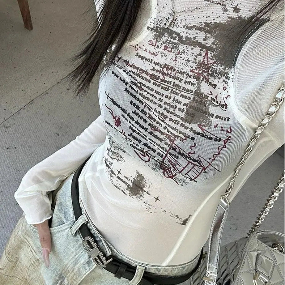 Y2k Sheer Black Text Graphic Mesh Long Sleeve Top Shoptery