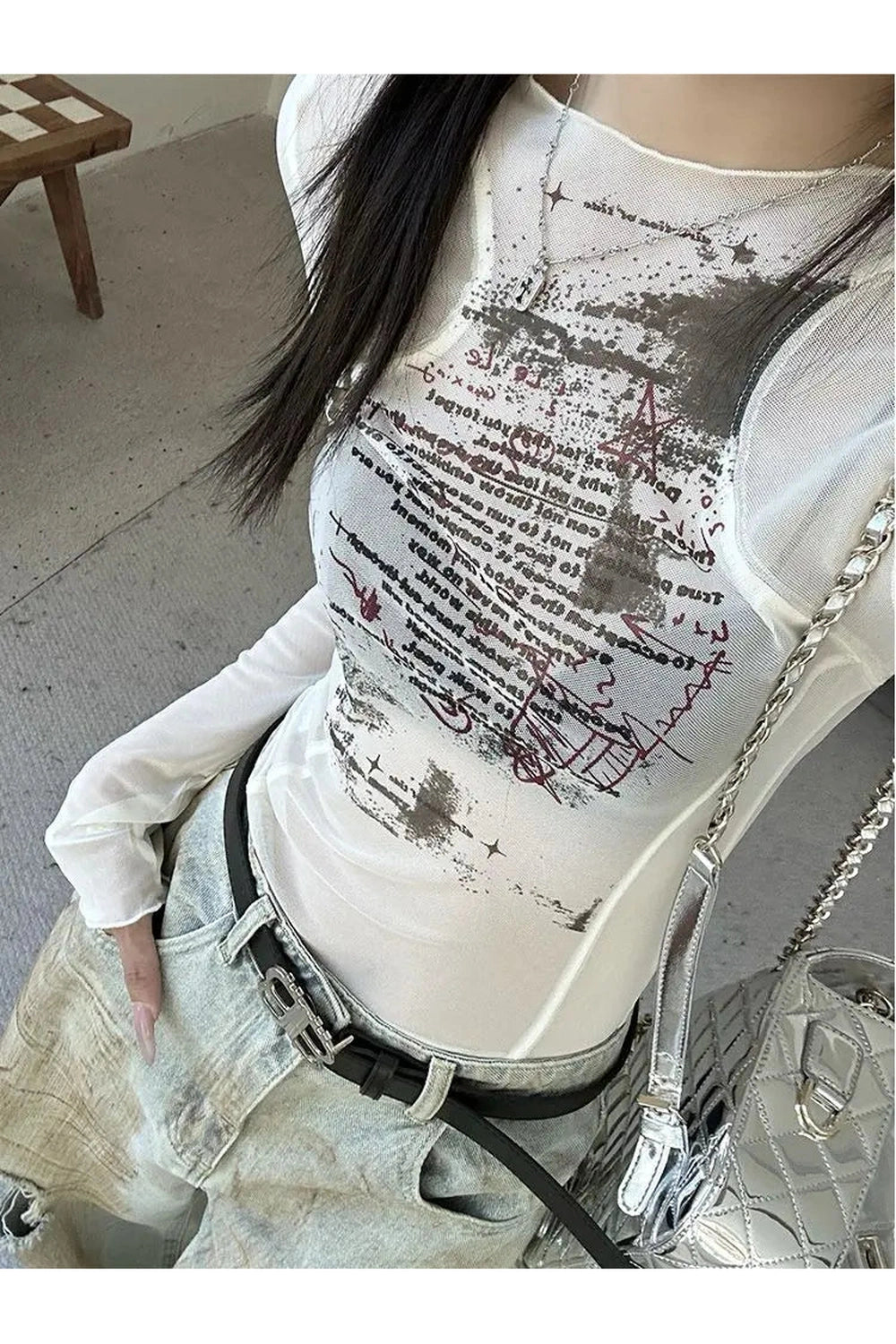 Y2k Sheer Black Text Graphic Mesh Long Sleeve Top Shoptery