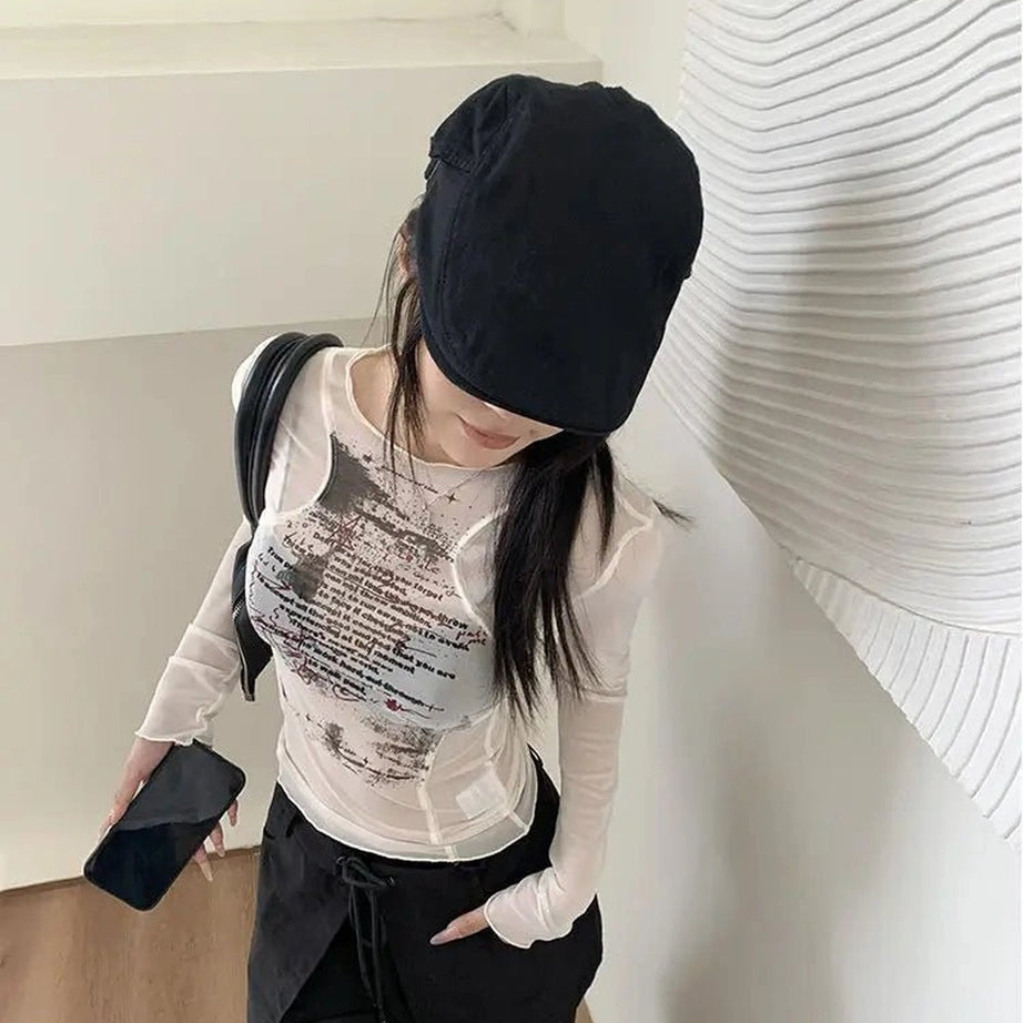 Y2k Sheer Black Text Graphic Mesh Long Sleeve Top Shoptery