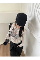 Y2k Sheer Black Text Graphic Mesh Long Sleeve Top Shoptery