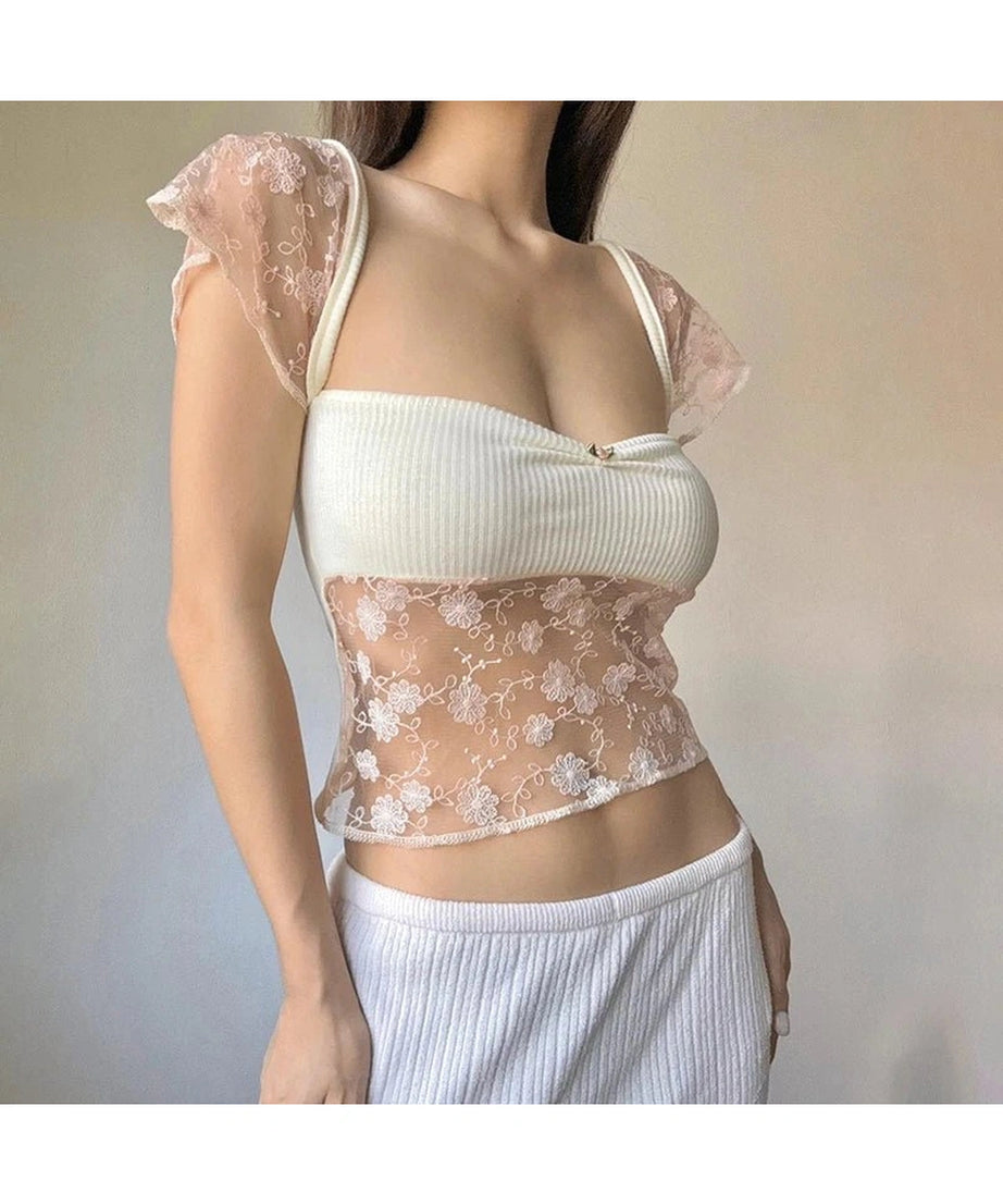 Sheer Blossom Lace Crop Top - Crop Tops