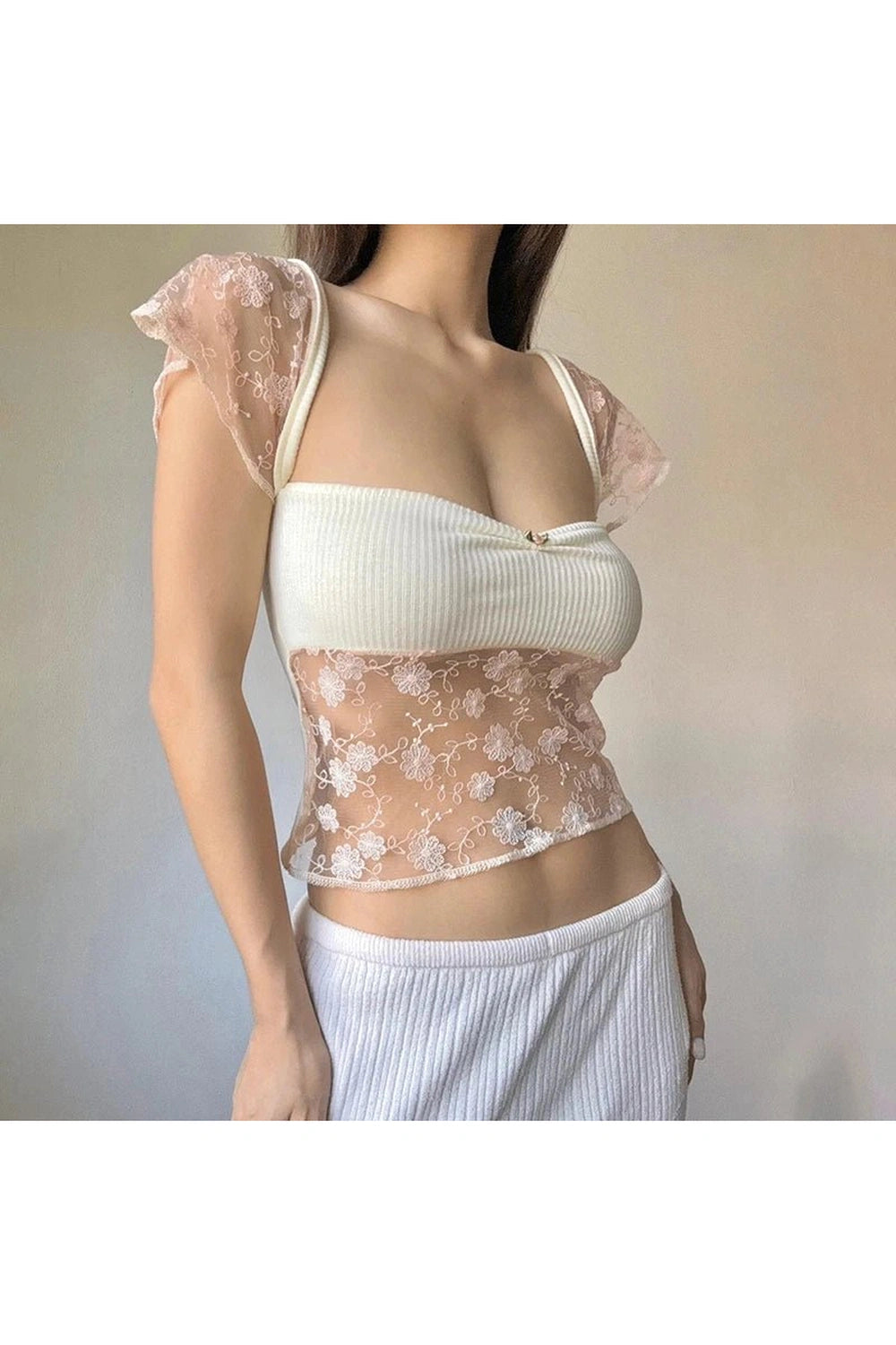 Sheer Blossom Lace Crop Top - Crop Tops