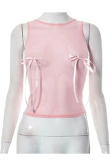 Sheer Mesh Bow Crop Top Pink Shoptery