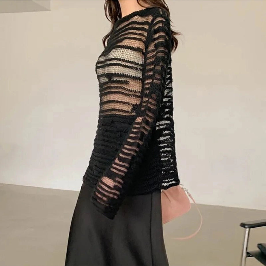 Sheer Shadow Striped Alt Knit Top Shoptery