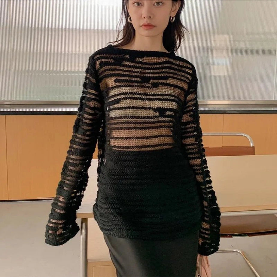 Sheer Shadow Striped Alt Knit Top black Shoptery