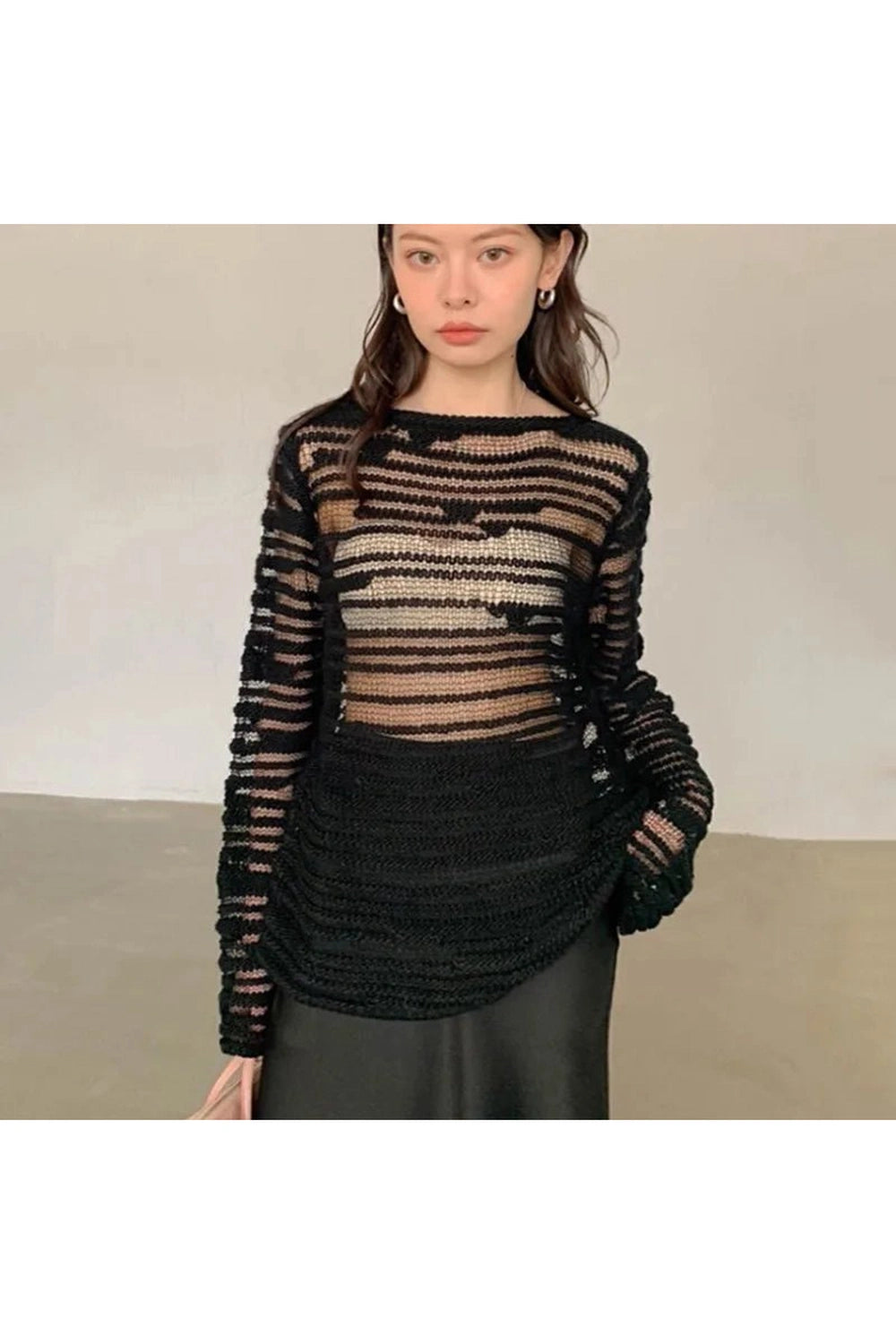 Sheer Shadow Striped Alt Knit Top Shoptery