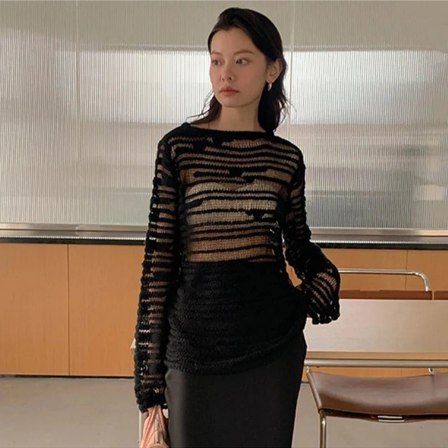 Sheer Shadow Striped Alt Knit Top Shoptery