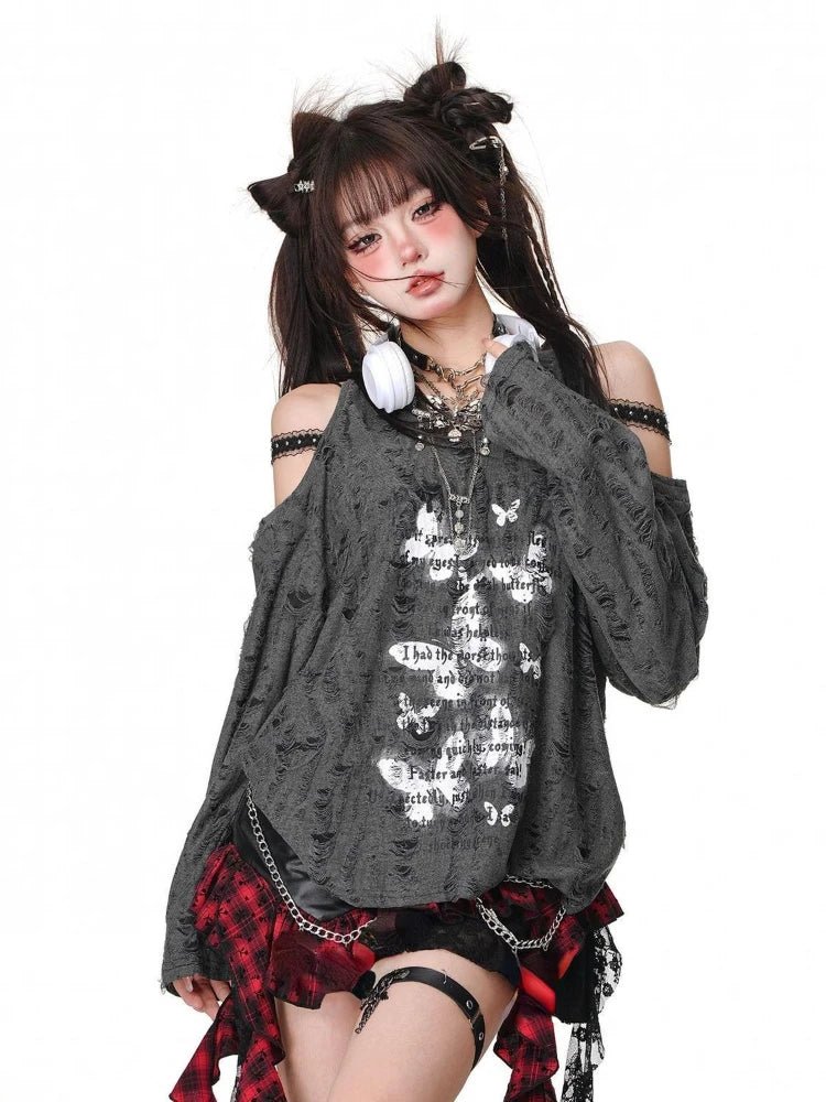 Shredded Butterfly Edgy Top Dark Grey Shoptery