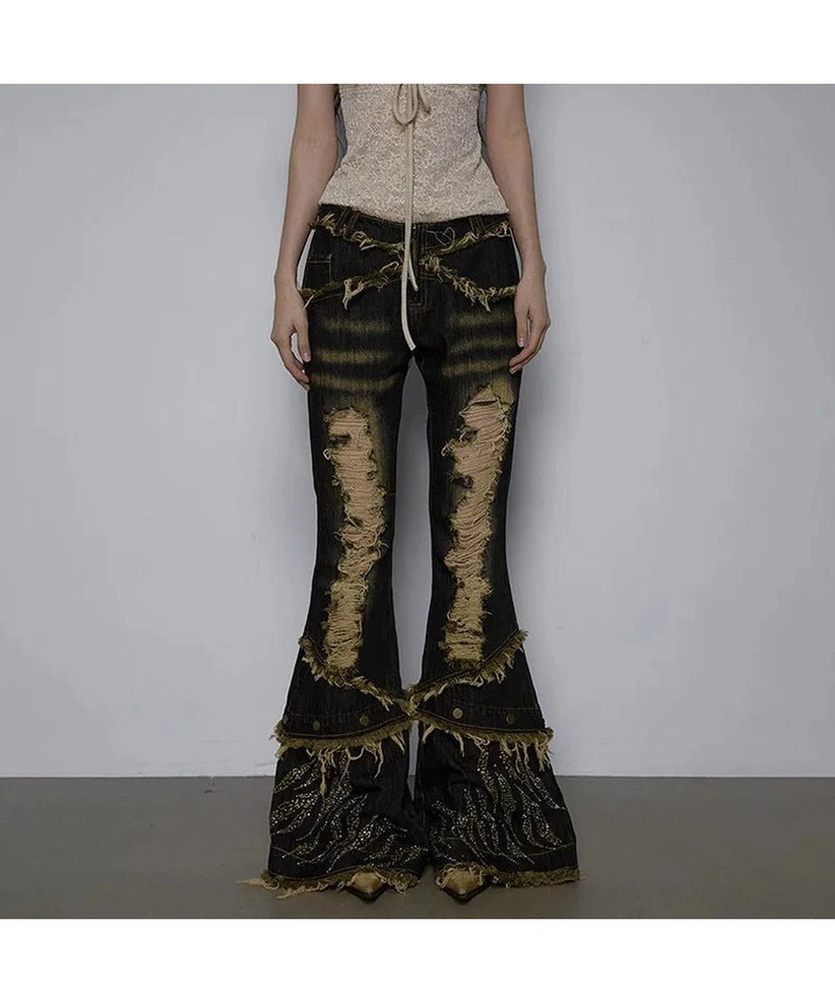 Shredded Flames Distressed Flare Pants - 