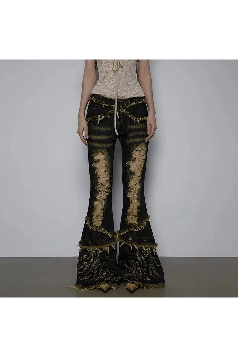 Shredded Flames Distressed Flare Pants - 