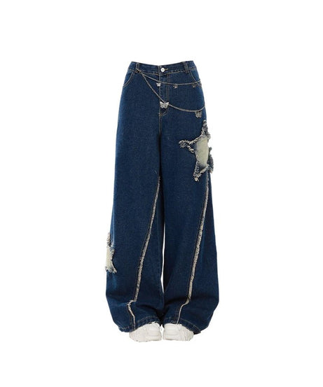 Shredded Star Chain Baggy Jeans - 