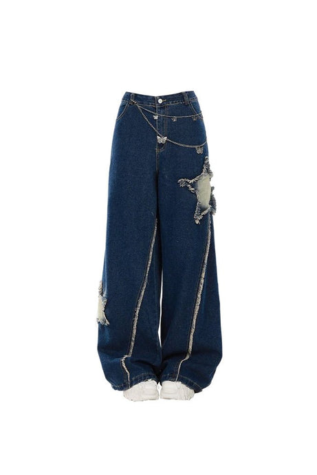 Shredded Star Chain Baggy Jeans - 