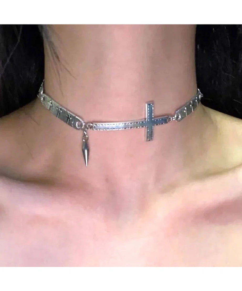 Silver Cross Spike Choker - Chokers