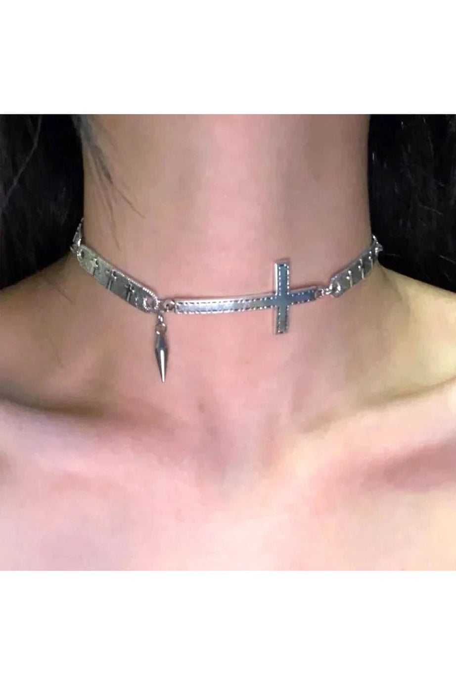 Silver Cross Spike Choker - Chokers