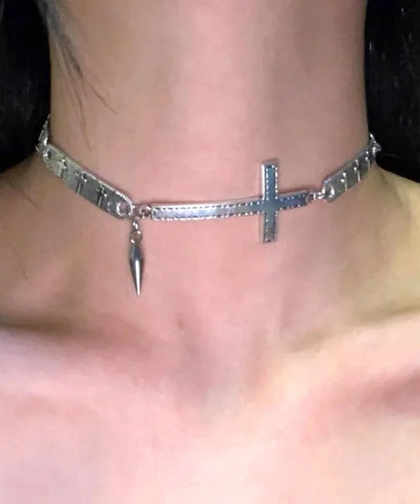 Silver Cross Spike Choker - Chokers