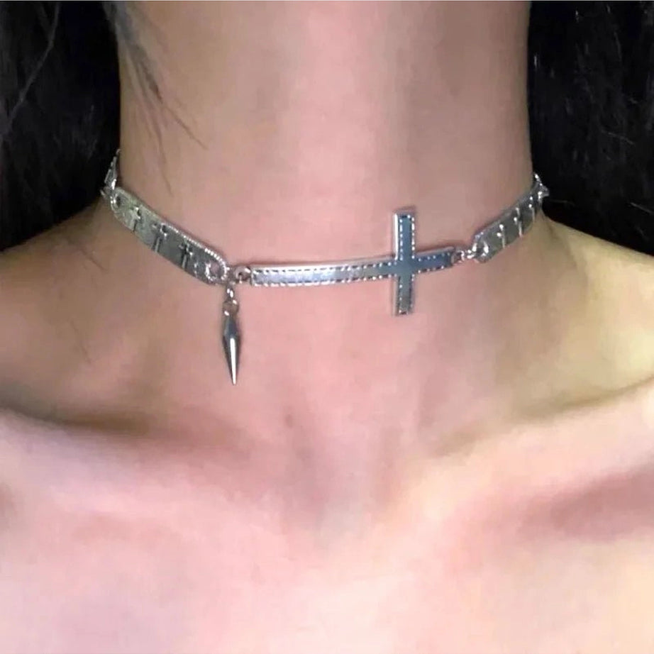 Edgy Silver Cross Spike Choker A Shoptery