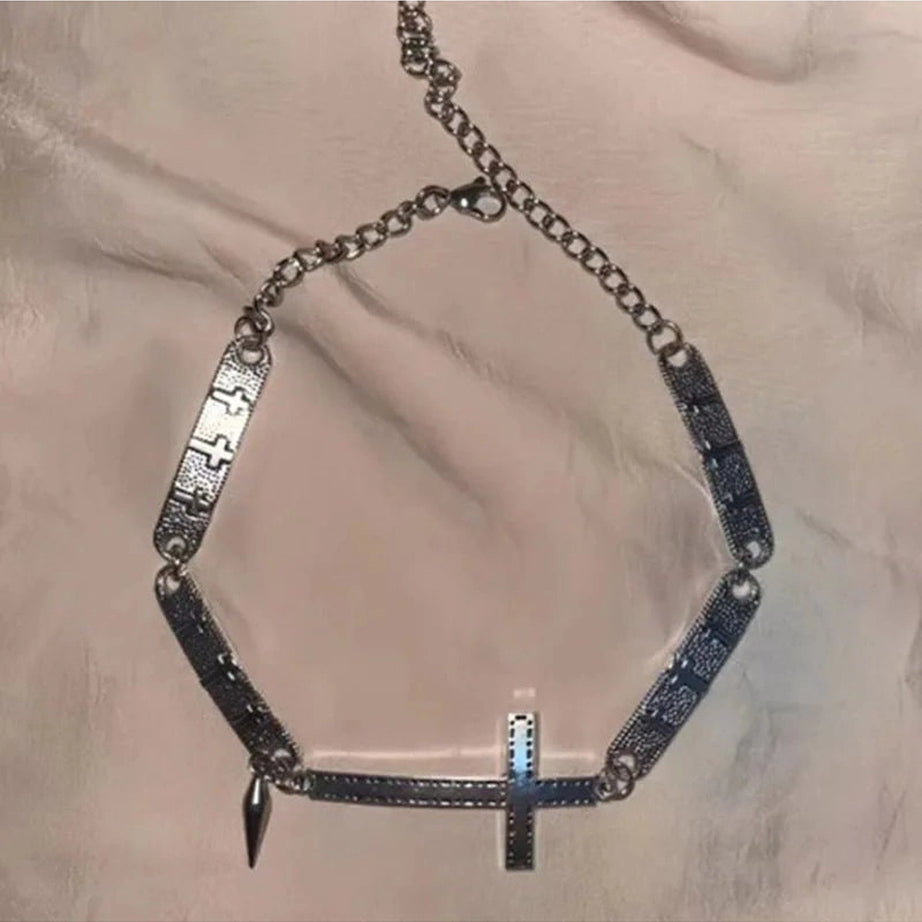 Edgy Silver Cross Spike Choker Shoptery