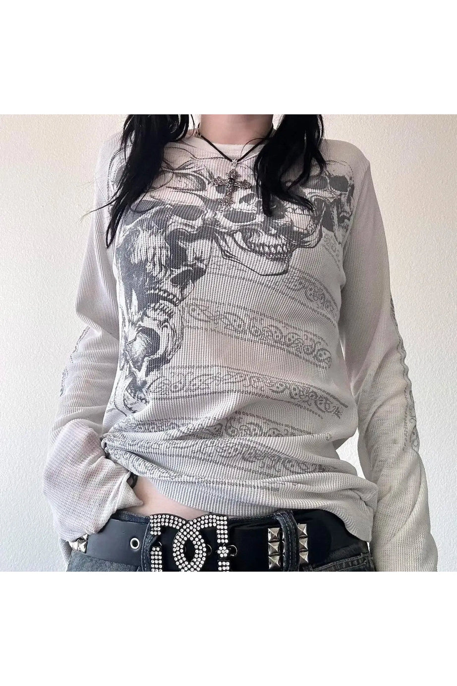 Skeleton Print Long Sleeve Mesh Top - Shirts & Tops