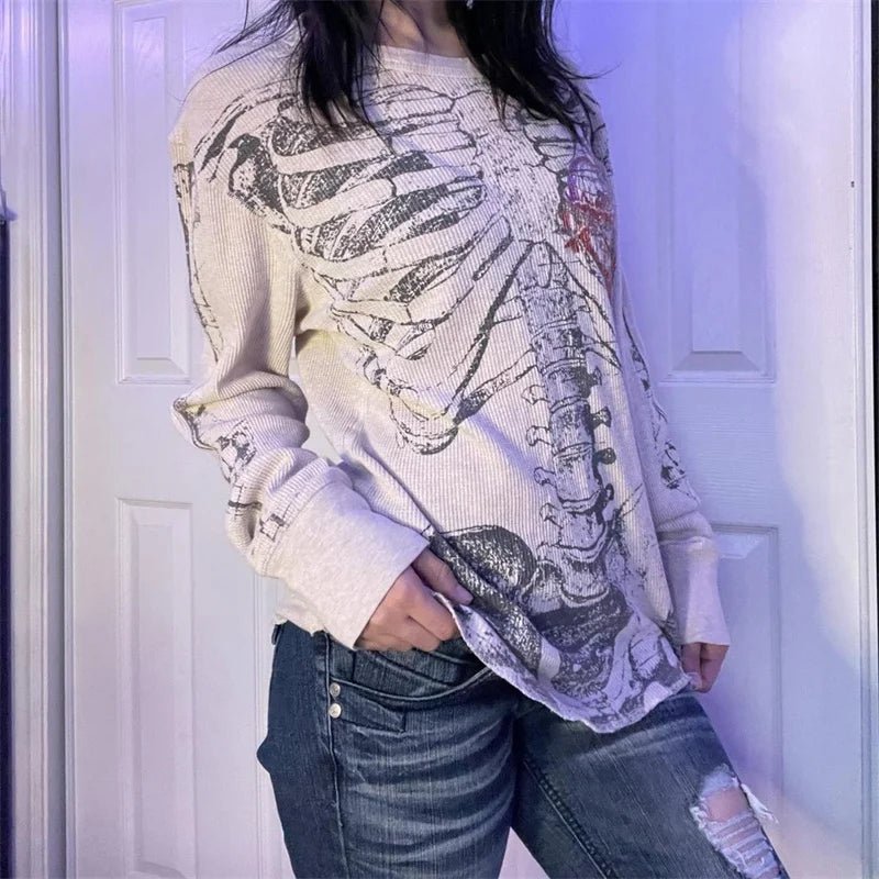 Alt Skeleton Print Waffle Knit Top Shoptery