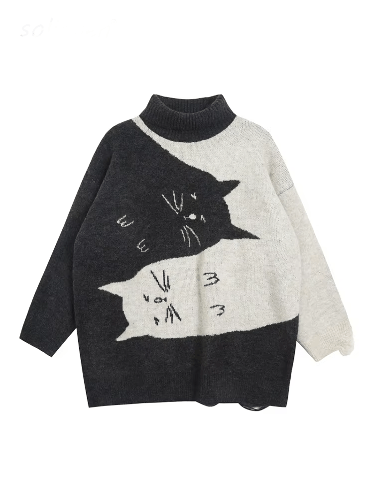 Sleepy Kittens Cute Oversized Sweater DARK GRAY One Size Shoptery
