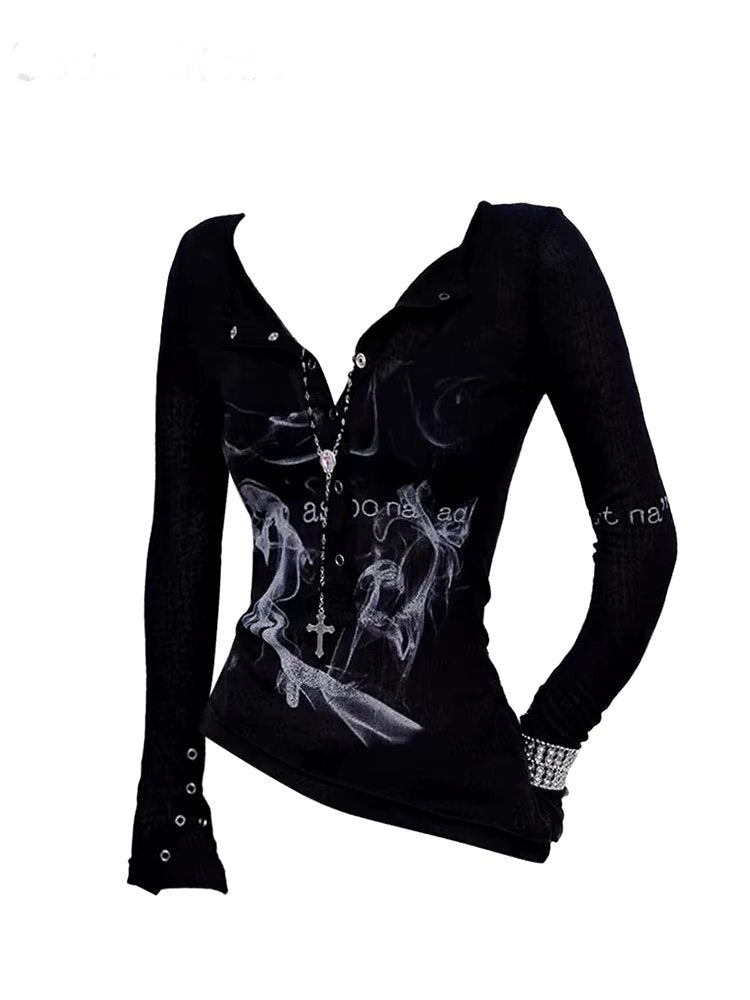 Smoke Print Alt Goth Long Sleeve Top Black Shoptery